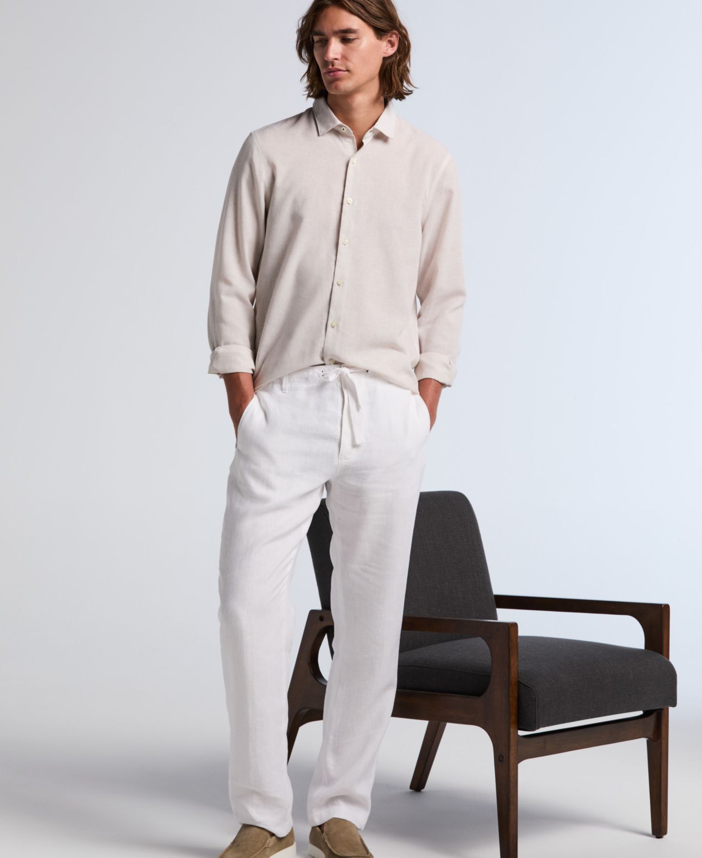 Мужские брюки Perry Ellis Regular-Fit 100% Linen Drawstring, цвет: Яркий белый — фото 3