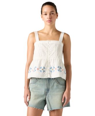 Levi's - Premium Women's Mimi Square Neck Sleeveless Cotton Blouse Cloud Dancer Smaller Floral Emb Multi