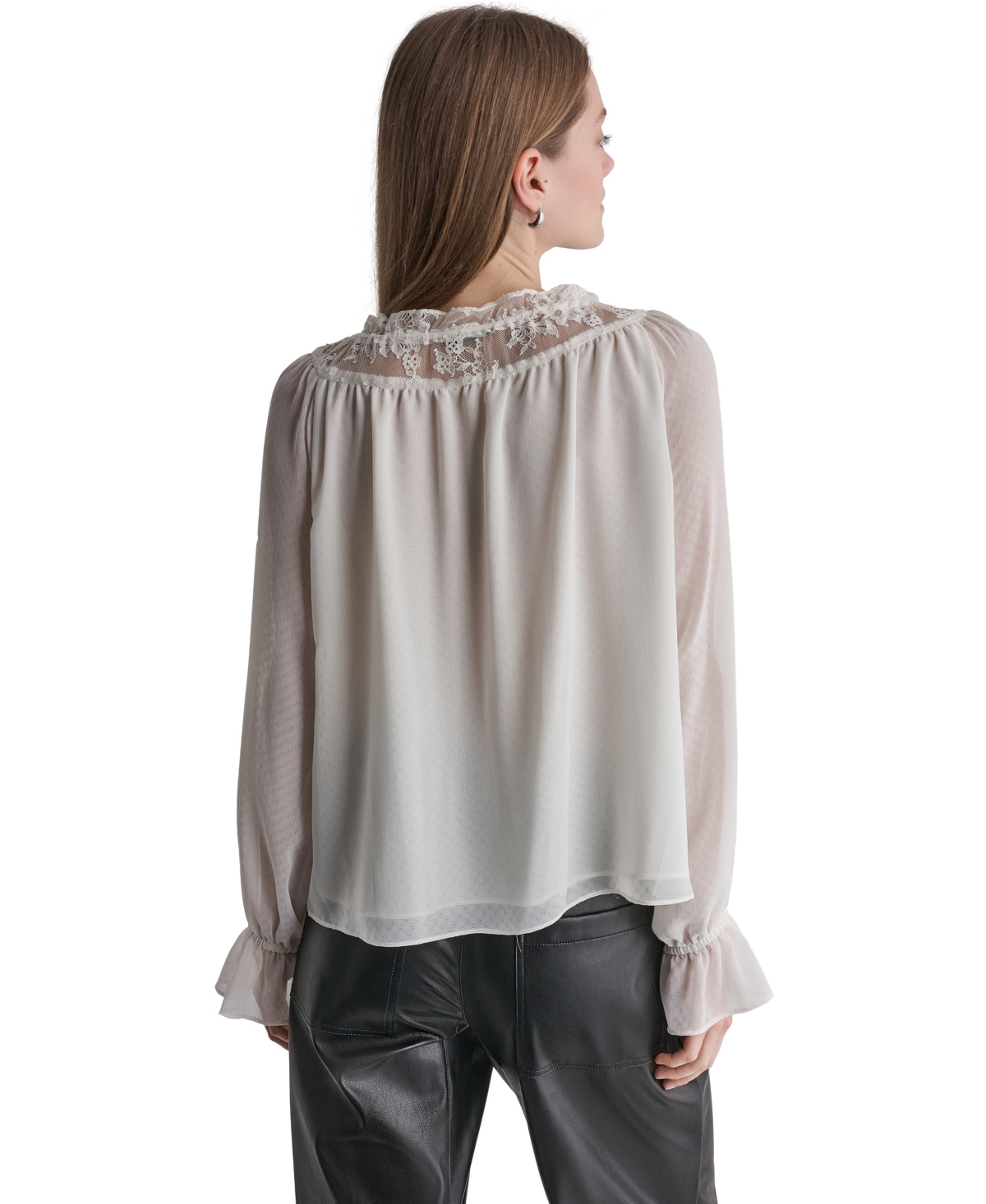 Bcbg Women's Scoop Neckline Lace-Trim Long-Sleeve Blouse