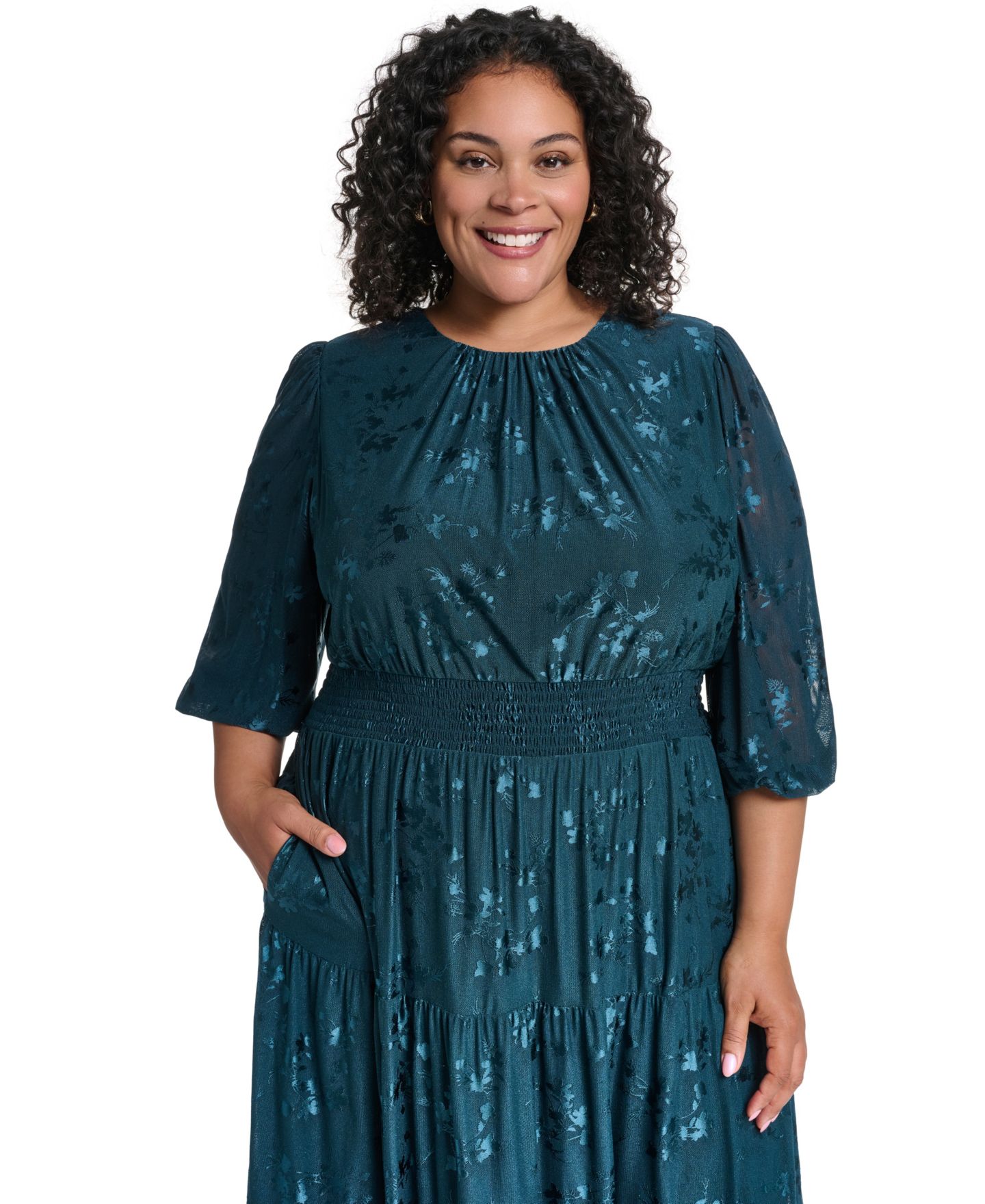 Женское платье Jessica Howard Plus Size 3/4-Sleeve Smocked Floral Midi, цвет: Тёмно-зелёный — фото 3