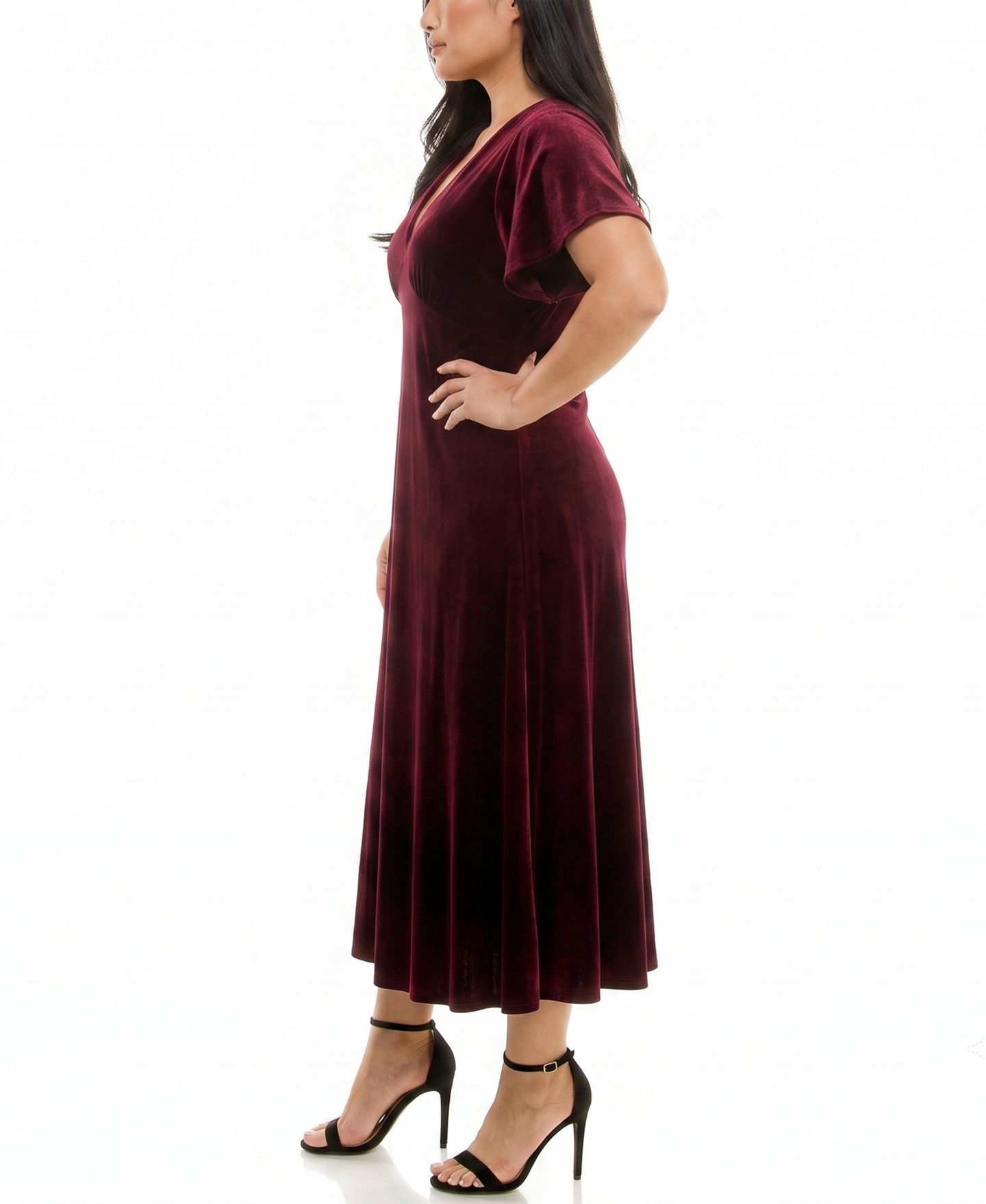 Женское платье Taylor Plus Size Flutter Sleeve Midi Velvet Fit & Flare, цвет: Тёмный винный — фото 2