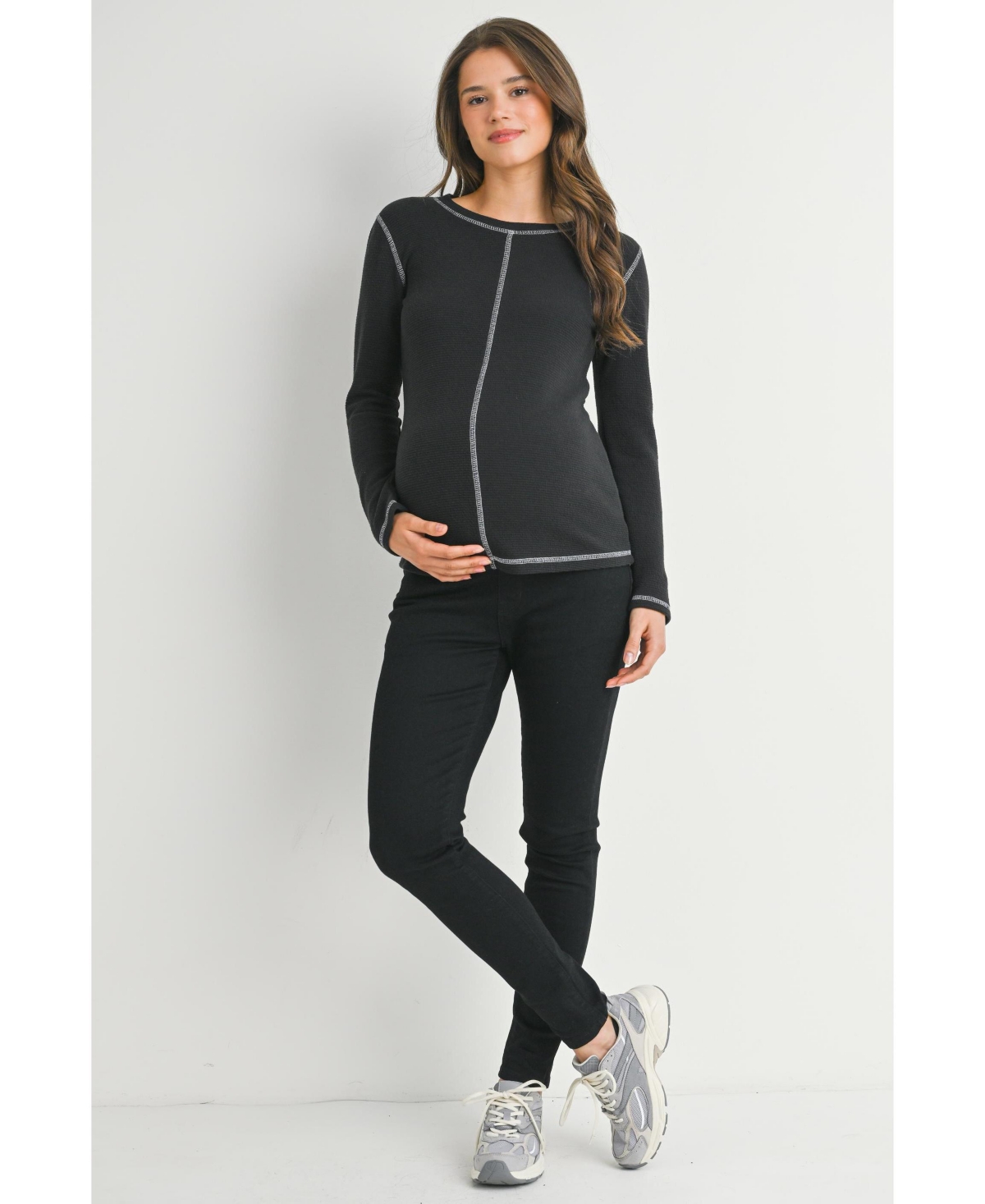 Hello Miz Maternity Waffle-Knit Crewneck Long-Sleeve Top