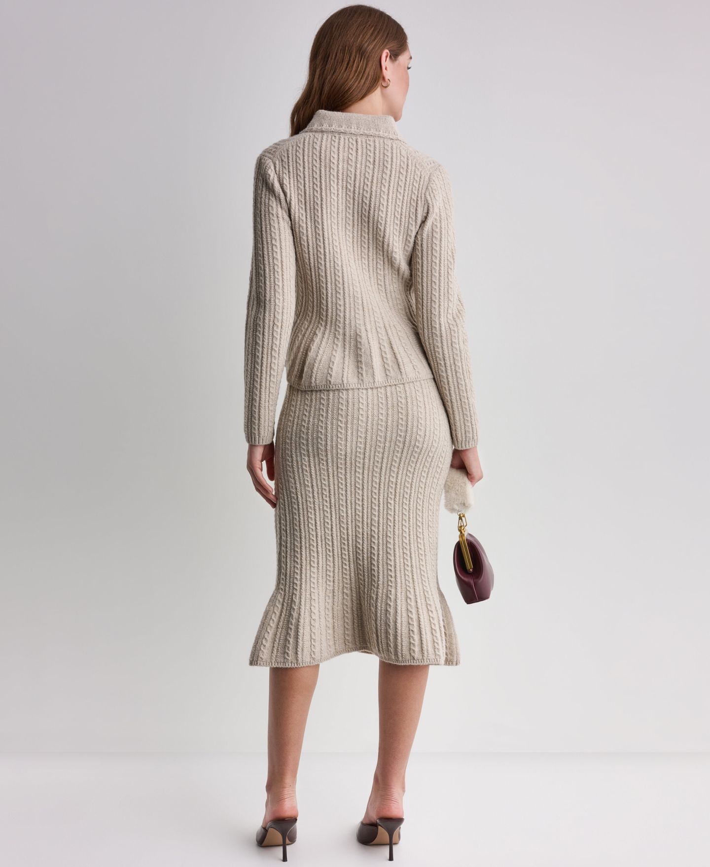 Женский кардиган BCBG Peplum Cable-Knit Cardigan, цвет: Меланжевый овсяный — фото 5
