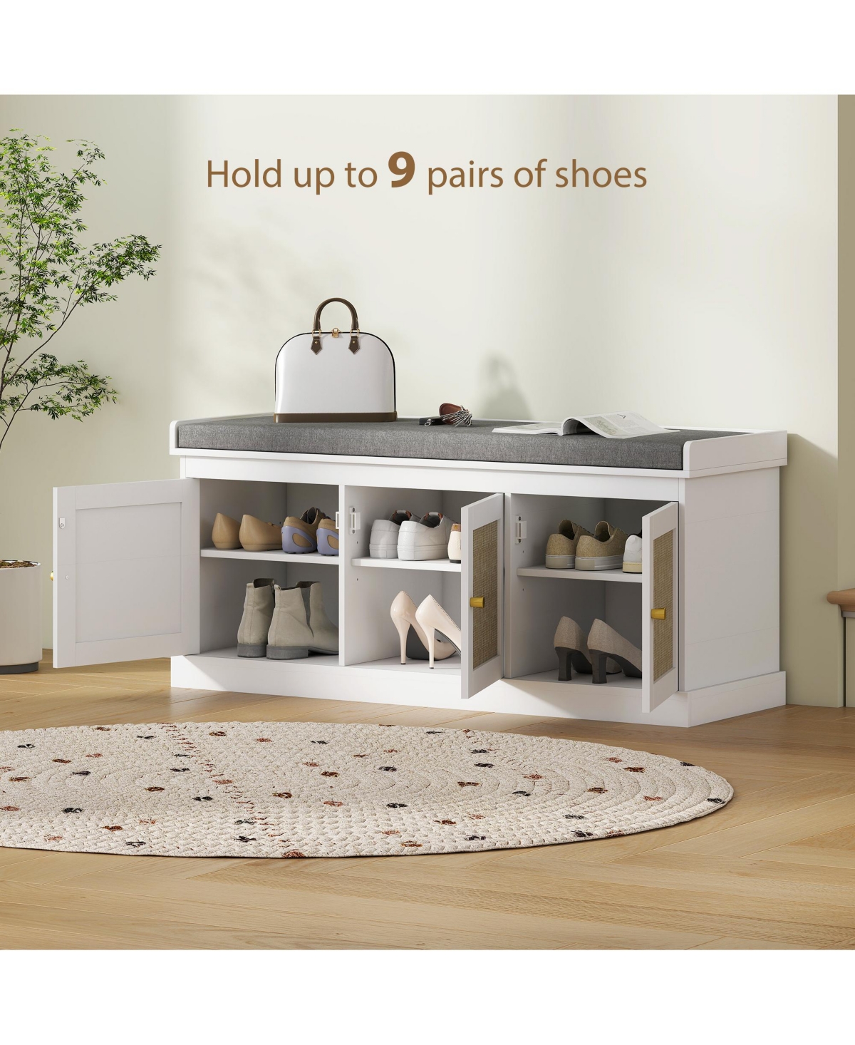 Slickblue Shoe Organizer Cabinet with Rattan Doors and Adjustable Shelves