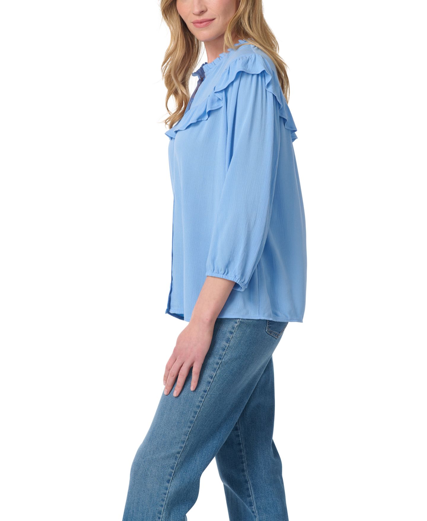 Женская блузка Gloria Vanderbilt Nia Peasant 3/4-Sleeve Cascading-Ruffles, цвет: Синий, вариант 1 — фото 3