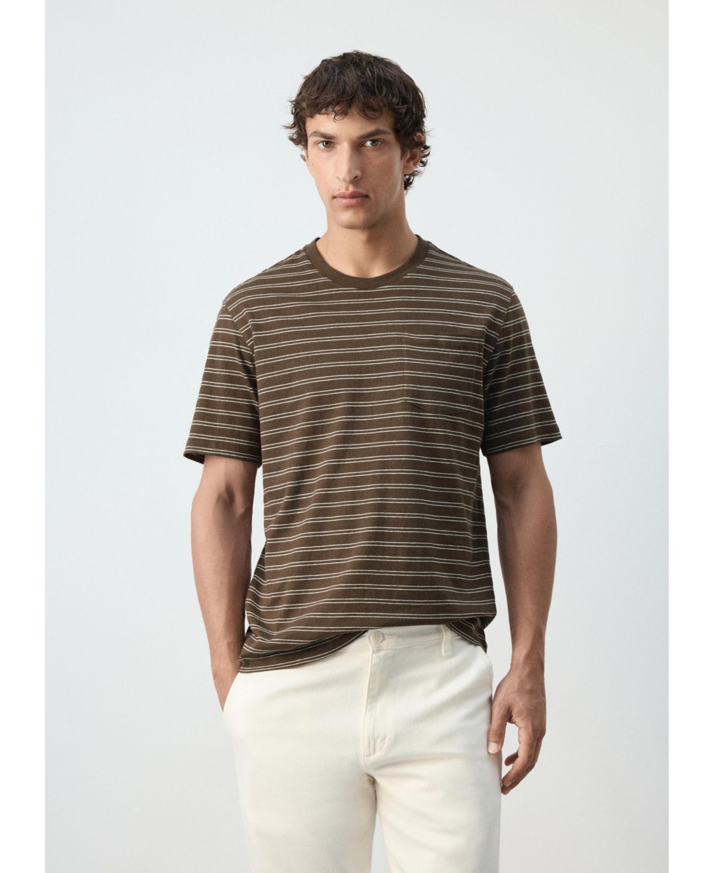 Мужская футболка Mango Regular-Fit Cotton-Linen Blend, цвет: Шоколадный — фото 8