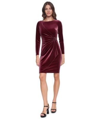 Women's Velvet Ruched Long-Sleeve Dress