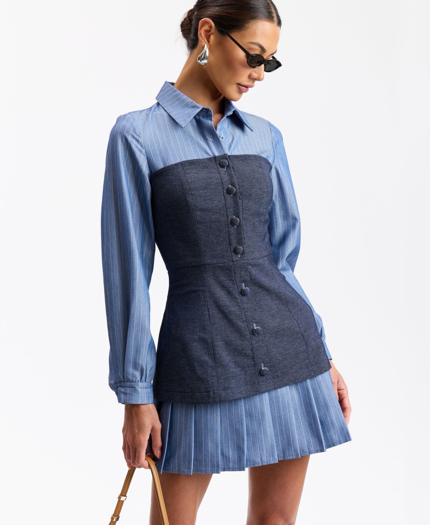 Женское платье Avec Les Filles Long-Sleeve Twofer Collared Mini, цвет: Джинсовый / Синий полосатый — фото 6