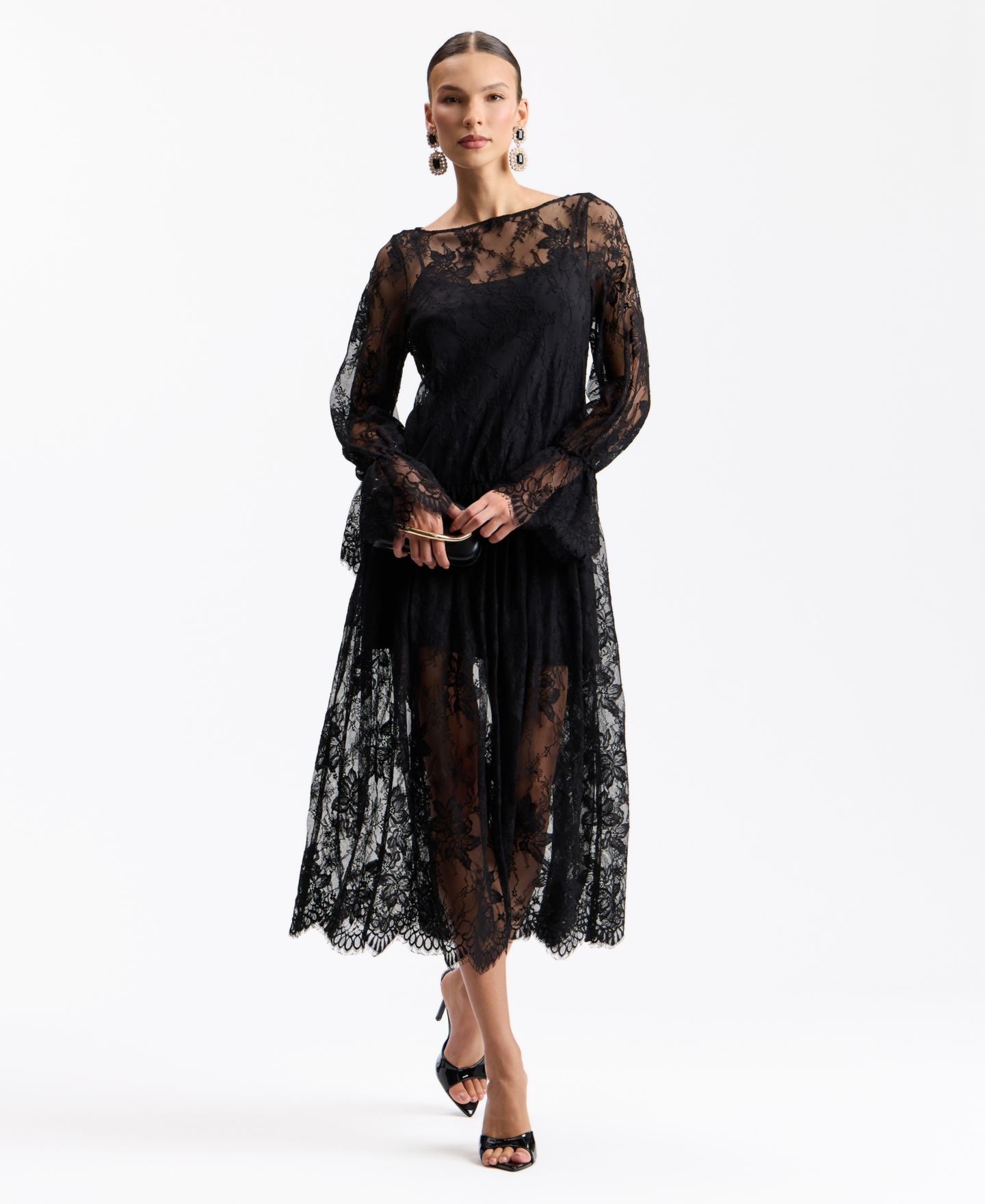 Женское платье Avec Les Filles Floral Drop-Waist Lace Midi, цвет: Чёрный — фото 2