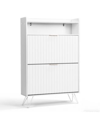 Entryway Shoe Cabinet with Slatted Front, Flip Drawers and Side Hooks