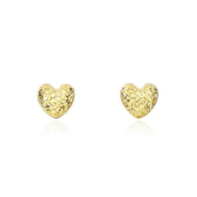 Puffy Gold Sparkle Cut Heart Stud Earrings 14K Gold
