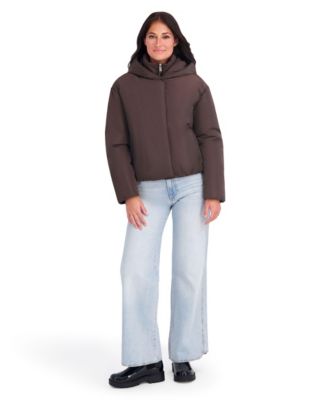 Women's Memory Fabric Puffer Jacket With Attached Hood And Stand Collar