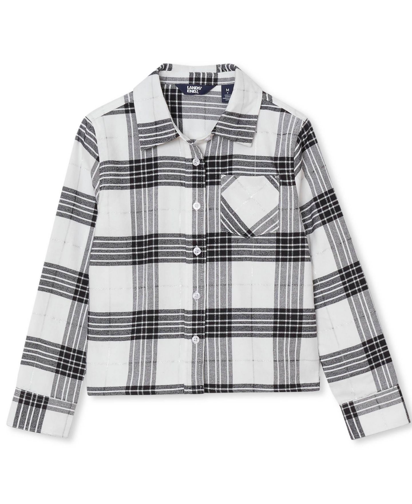 Рубашка Lands' End Long Sleeve Cropped Flannel для девочек, цвет: Чёрный / Слоновая кость клетчатый — фото 1