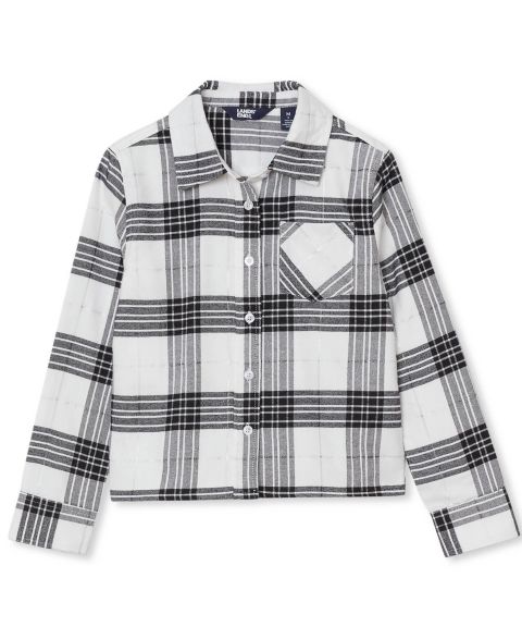 Рубашка Lands' End Long Sleeve Cropped Flannel для девочек, цвет: Чёрный / Слоновая кость клетчатый