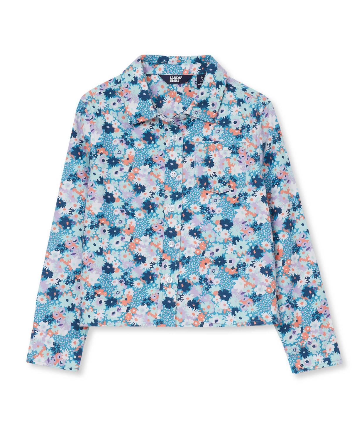 Lands' End Girls Long Sleeve Flannel Printed Shirt - Light blue floral