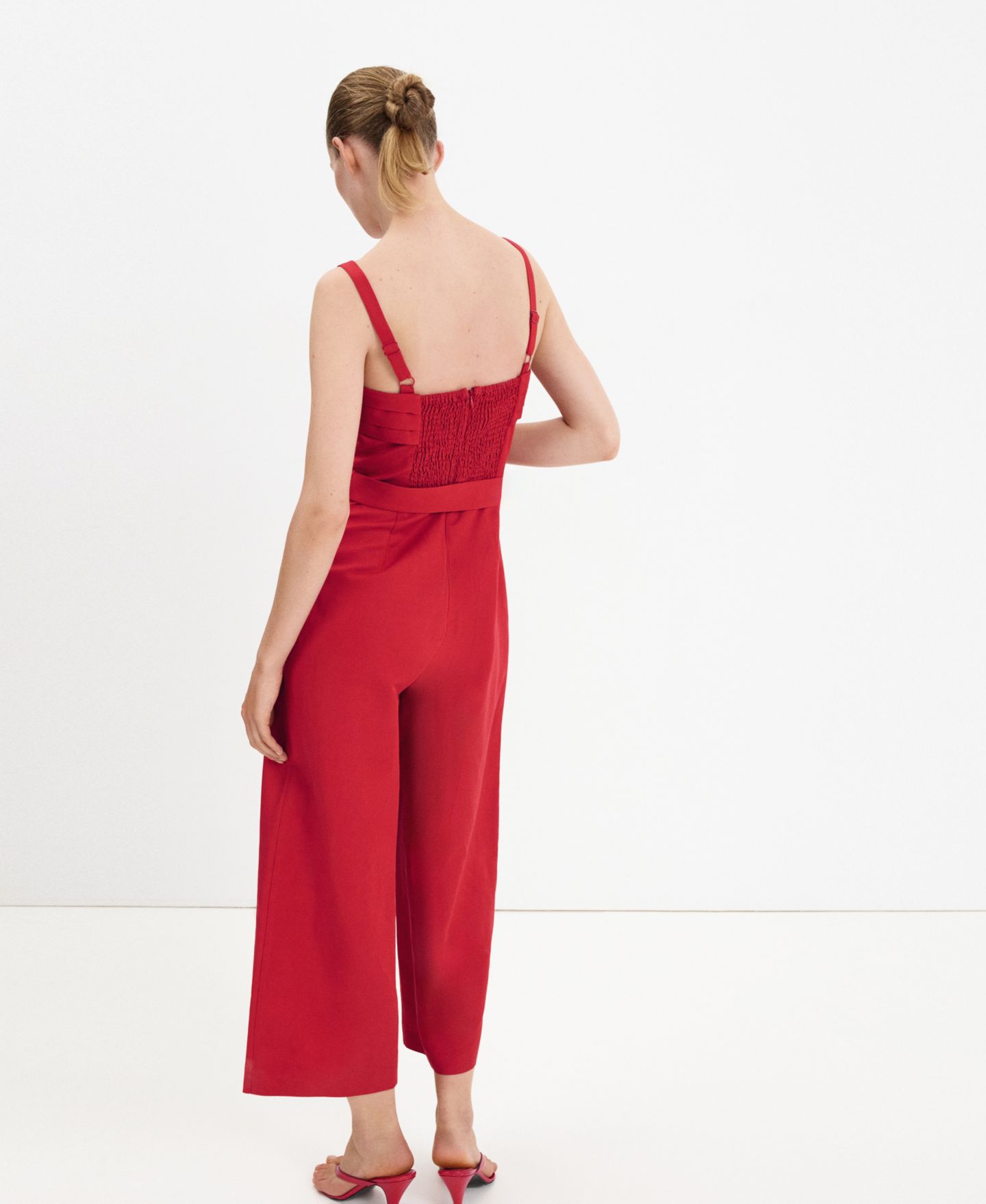 Женский комбинезон MANGO Sleeveless Wide-Leg Linen-Blend Jumpsuit, цвет: Красный — фото 3