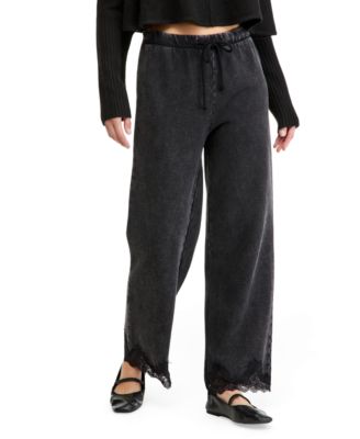 Petite High-Rise Fleece Lace-Trim Lounge Pants