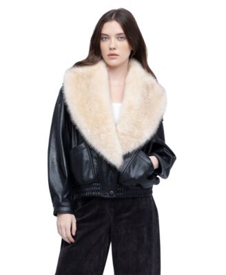 Women's Faux-Leather Bomber Jacket with Removable Faux-Fur Collar