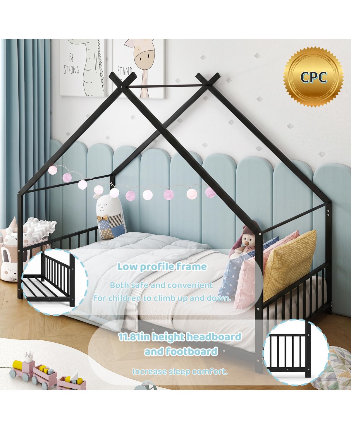 Slickblue Twin Metal House Bed Frame for Kids with Side Rails and Platform Design