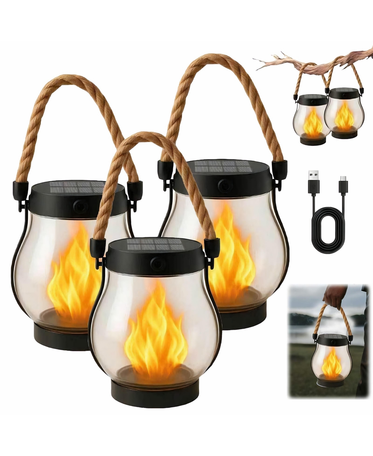 Cushry Solar Lantern Outdoor Lights Large Waterproof Flickering Flame Solar Lantern for Yard Garden Patio Hanging Tabletop Decor (3 Pieces)