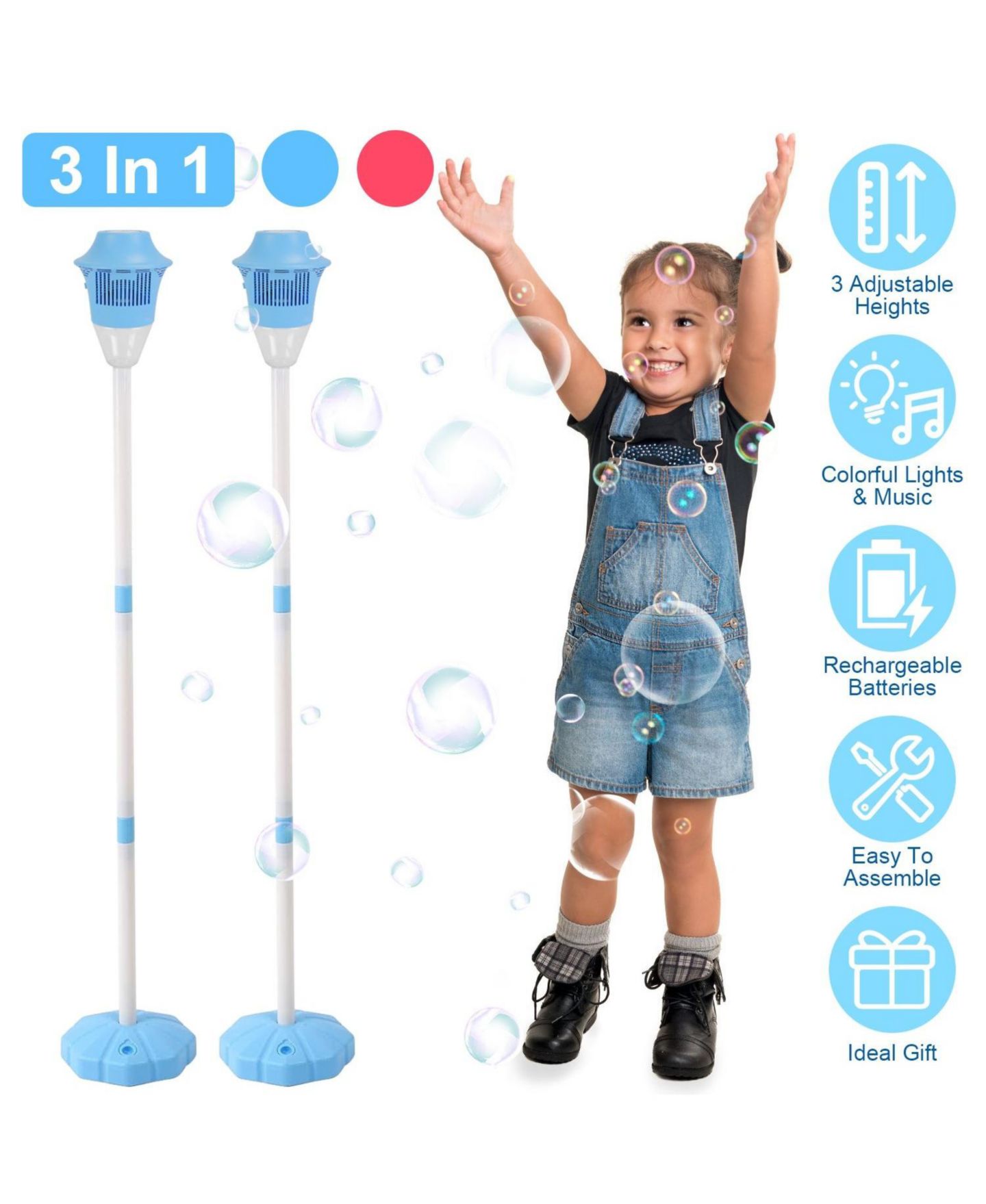 Детские игрушки ZENY 3-in-1 Rechargeable Standing Bubble Machine with Music and Lights, Adjustable Height, 2-Pack, Ages 3+, цвет: Синий — фото 3