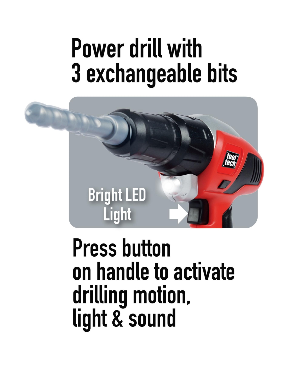 Red Box Tool Tech Led Working Light Power Drill with Interchangeable Bits, 5-Piece Set, Ages 3+
