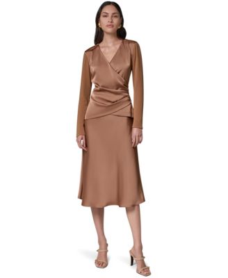 Women's Satin Long-Sleeve Wrap Top and Midi A-Line High-Waisted Skirt