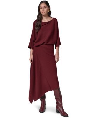 Women's Merino Wool Boat Neck Ribbed-Knit Sweater  & High-Waisted High-Low Ribbed-Knit Merino Wool Skirt