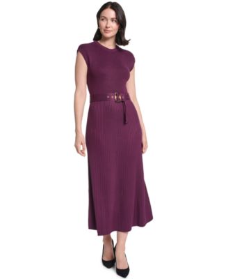 Petite Cap Sleeve Belted A-Line Midi Sweater Dress