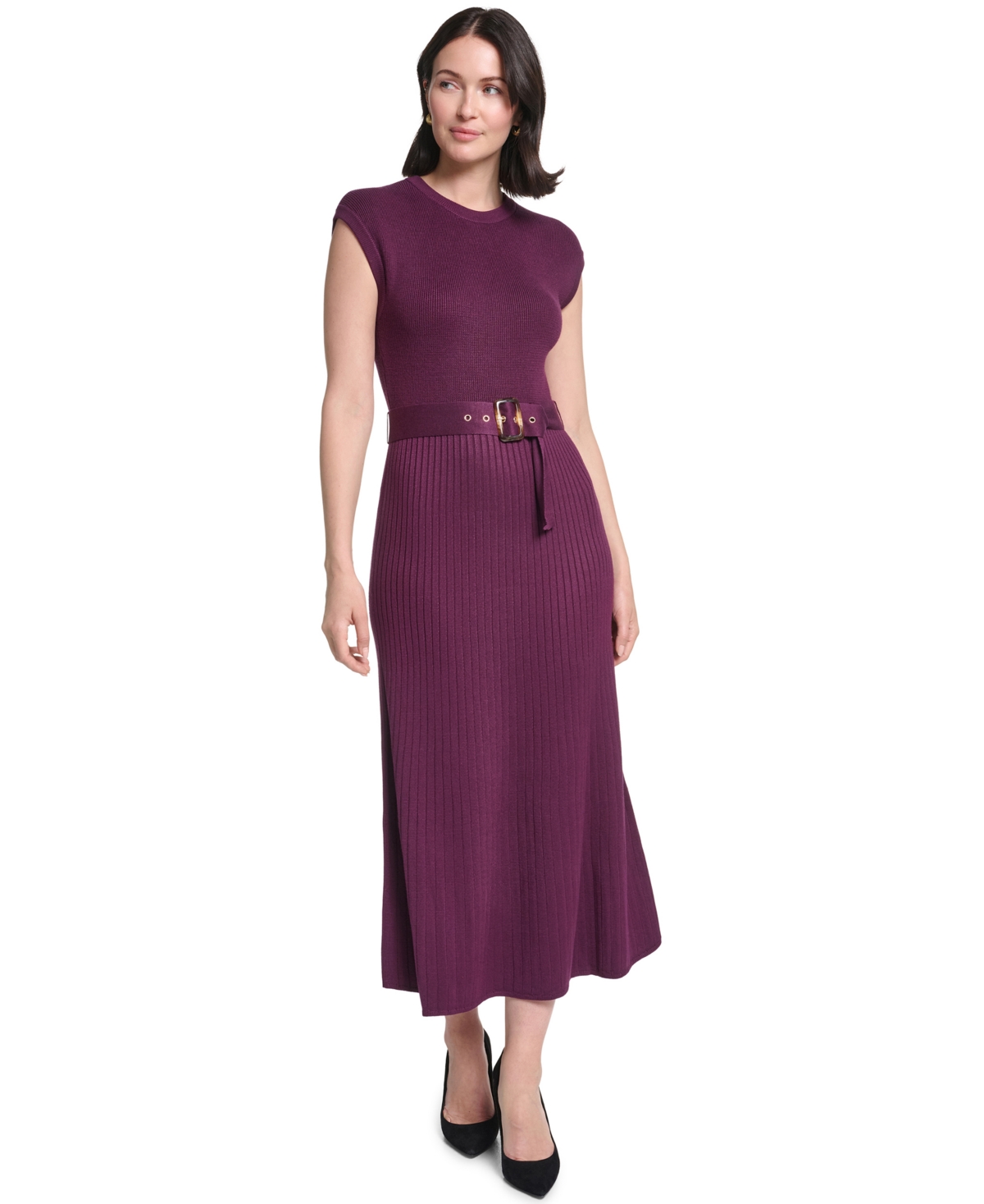 Jessica Howard Petite Cap Sleeve Belted A-Line Midi Sweater Dress