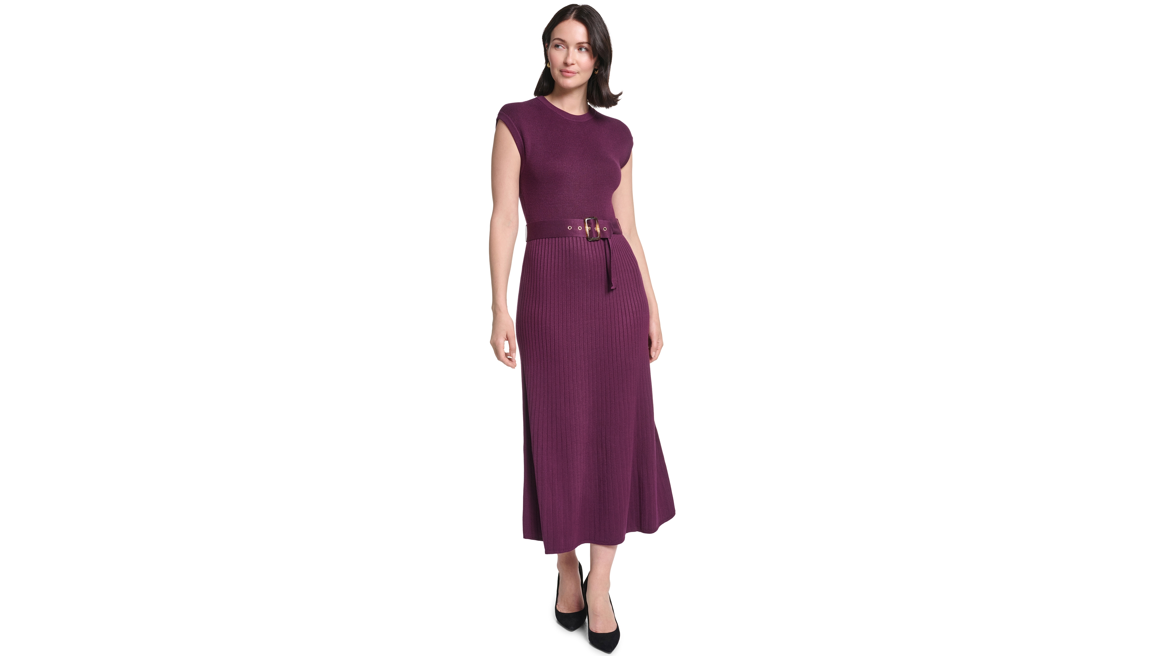 Jessica Howard Petite Cap Sleeve Belted A-Line Midi Sweater Dress