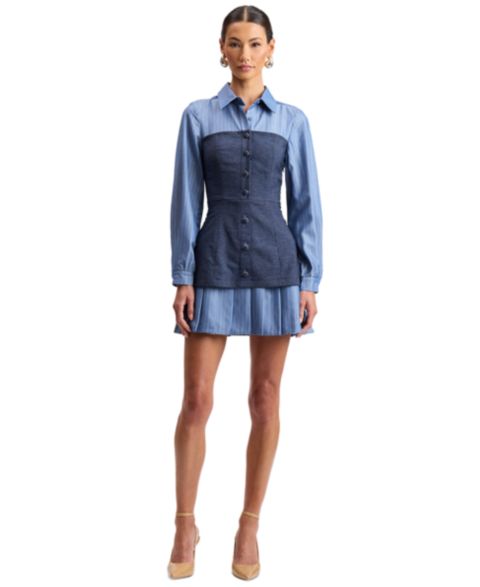 Женское платье Avec Les Filles Long-Sleeve Twofer Collared Mini, цвет: Джинсовый / Синий полосатый