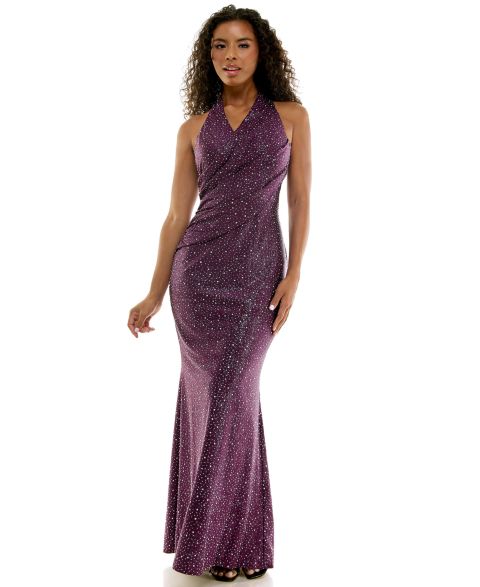 Женское платье City Studios Juniors' Halter Wrap Front Glitter Knit Gown, цвет: Баклажановый