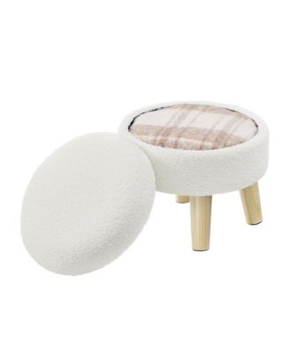 Round Ottoman, Foot Rest with Wood Legs, Small Table, for Hallway, Living Room, Teddy Fleece