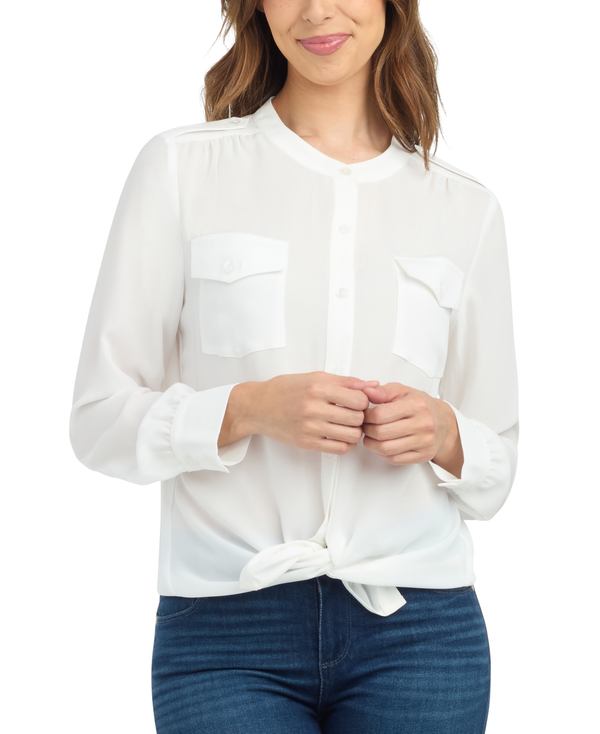 Bcx Juniors' Tie Front Long Sleeve Dobby Blouse In Off White
