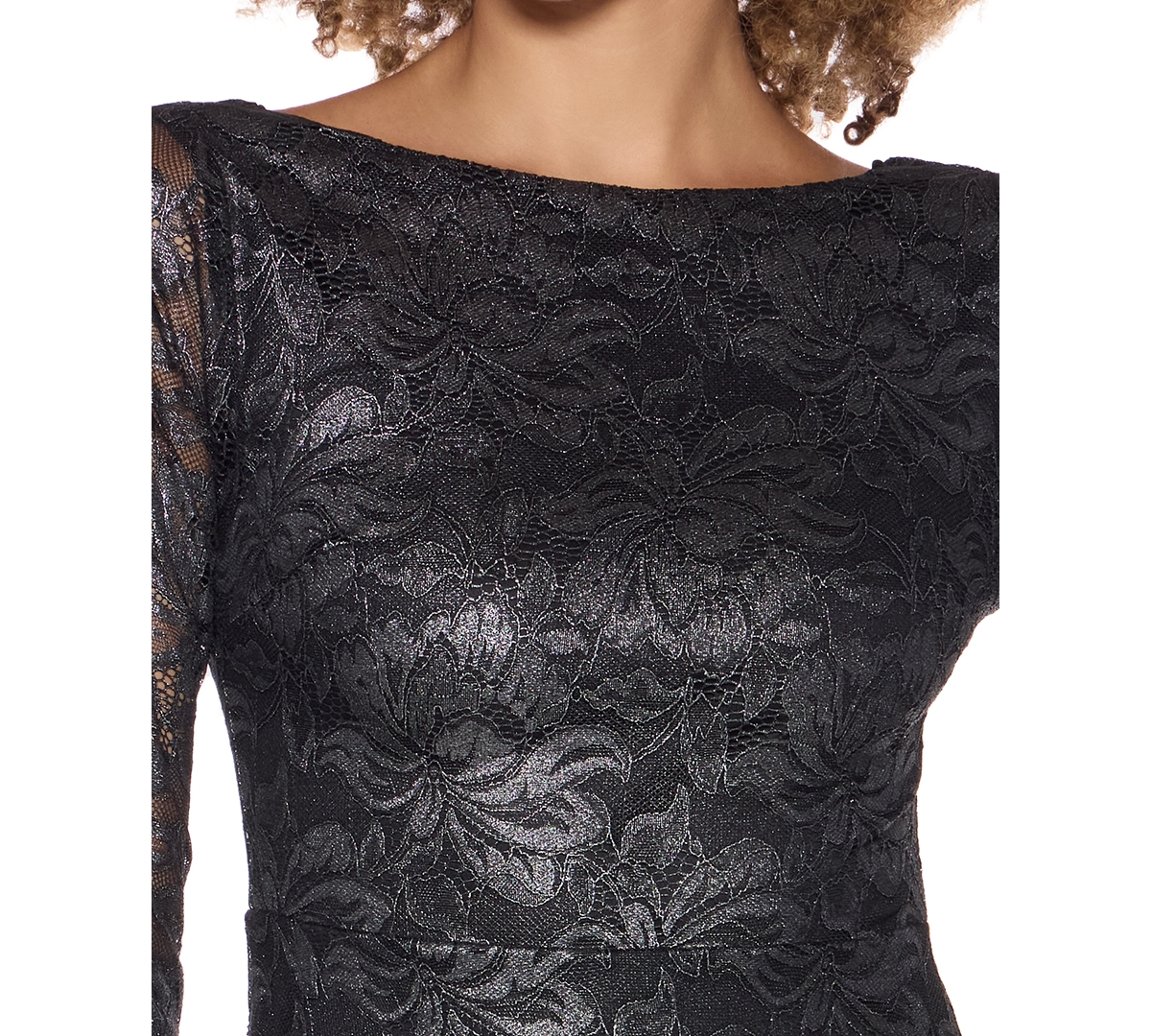 B Darlin Juniors' Long-Sleeve Scoop Neck Foil Lace Mini Dress, Macy's Exclusive