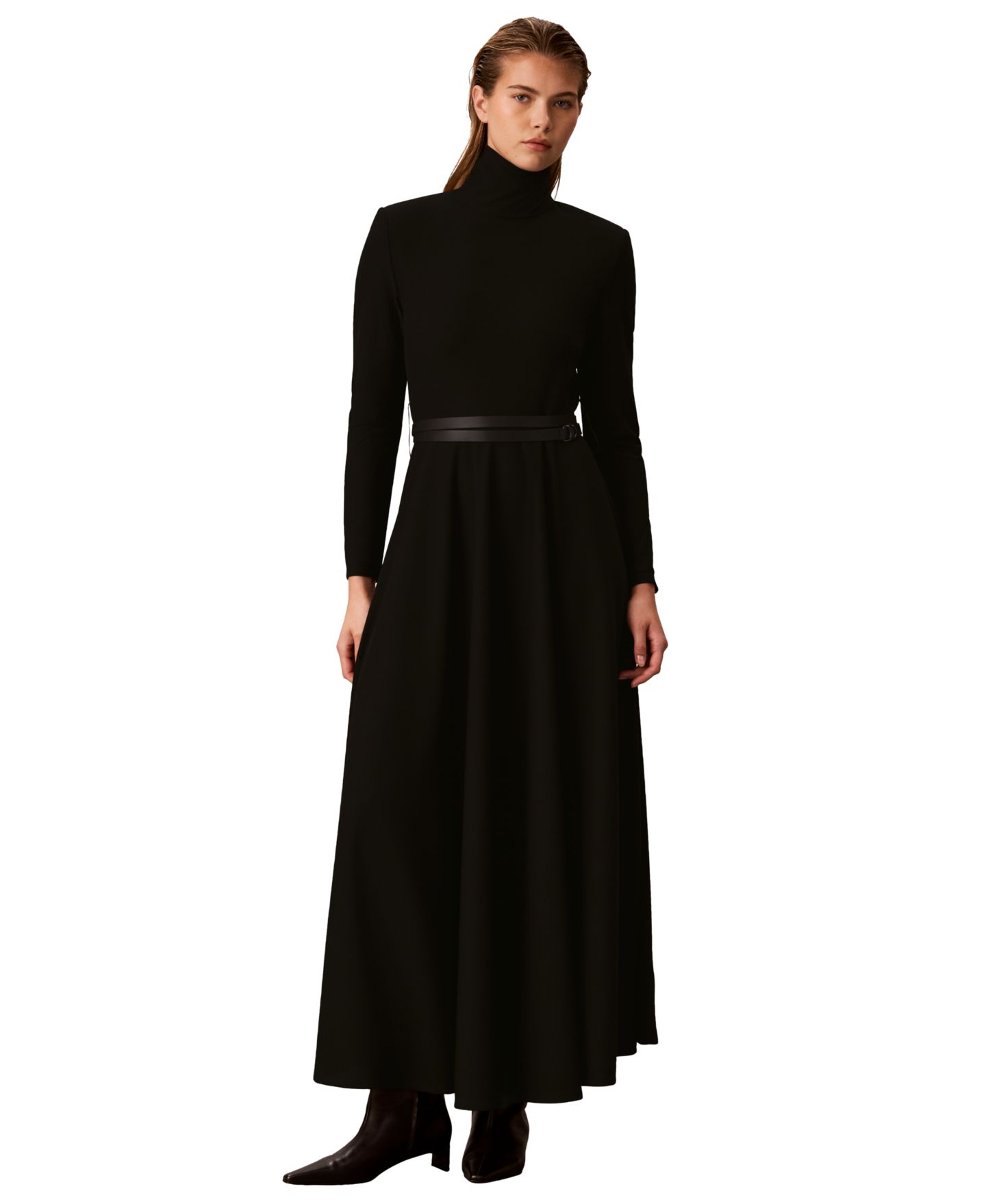 Женское платье Calvin Klein Petite Belted Long-Sleeve Turtleneck A-Line, цвет: Чёрный — фото 1