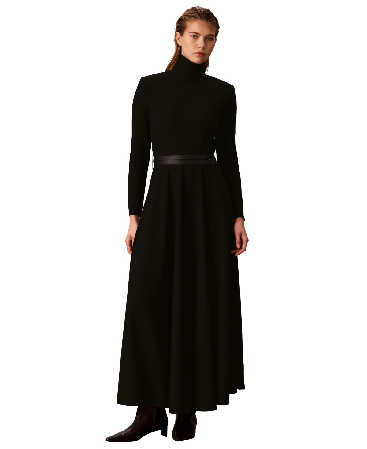 Calvin Klein Petite Turtleneck Long-Sleeve A-Line Sweater Dress - Black
