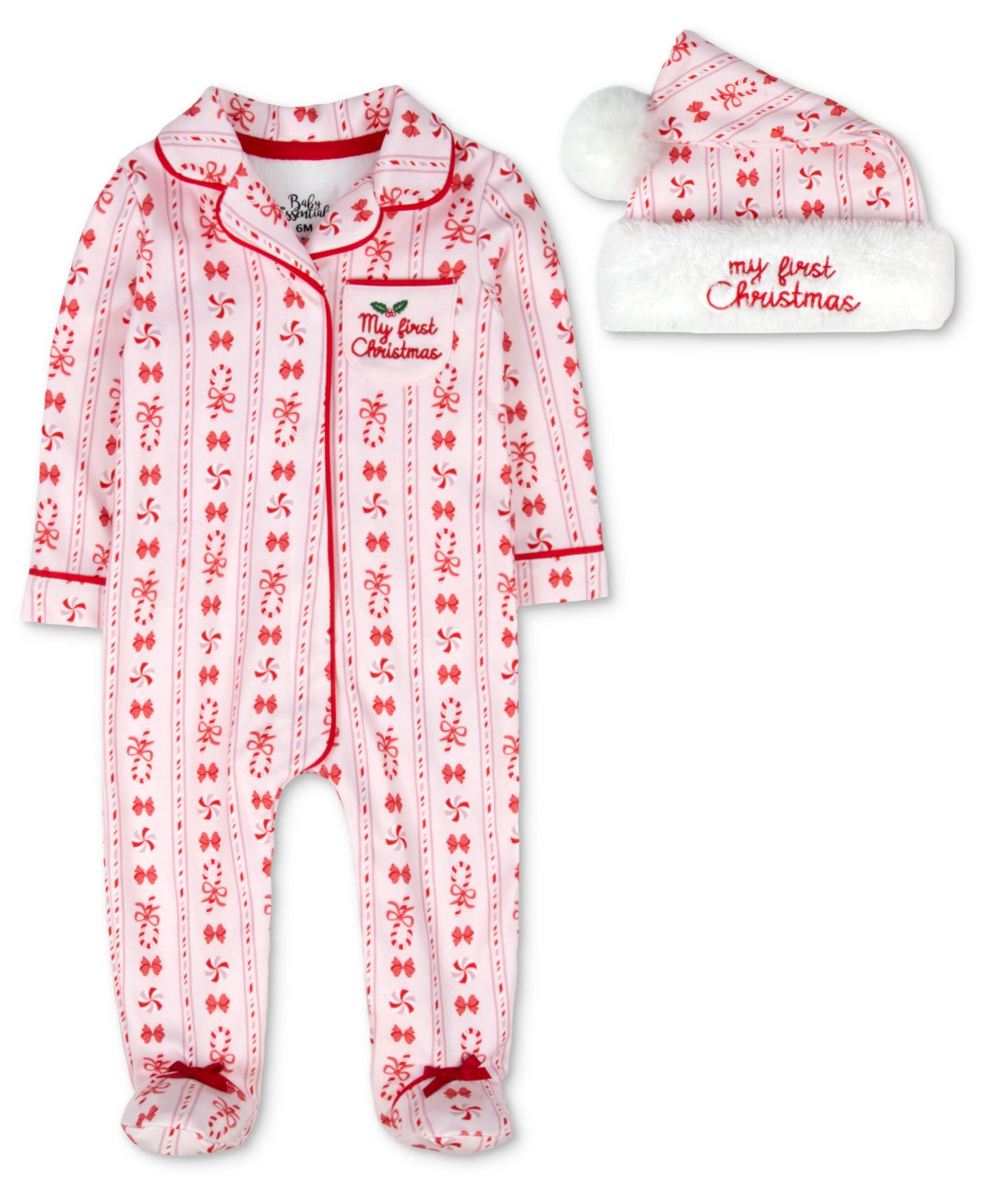 Baby Essentials Детские шляпы Essentials Baby Boys' or Baby Girls' My First Christmas Santa Footie and Hat, 2-Piece Set, цвет: Розовый — фото 1
