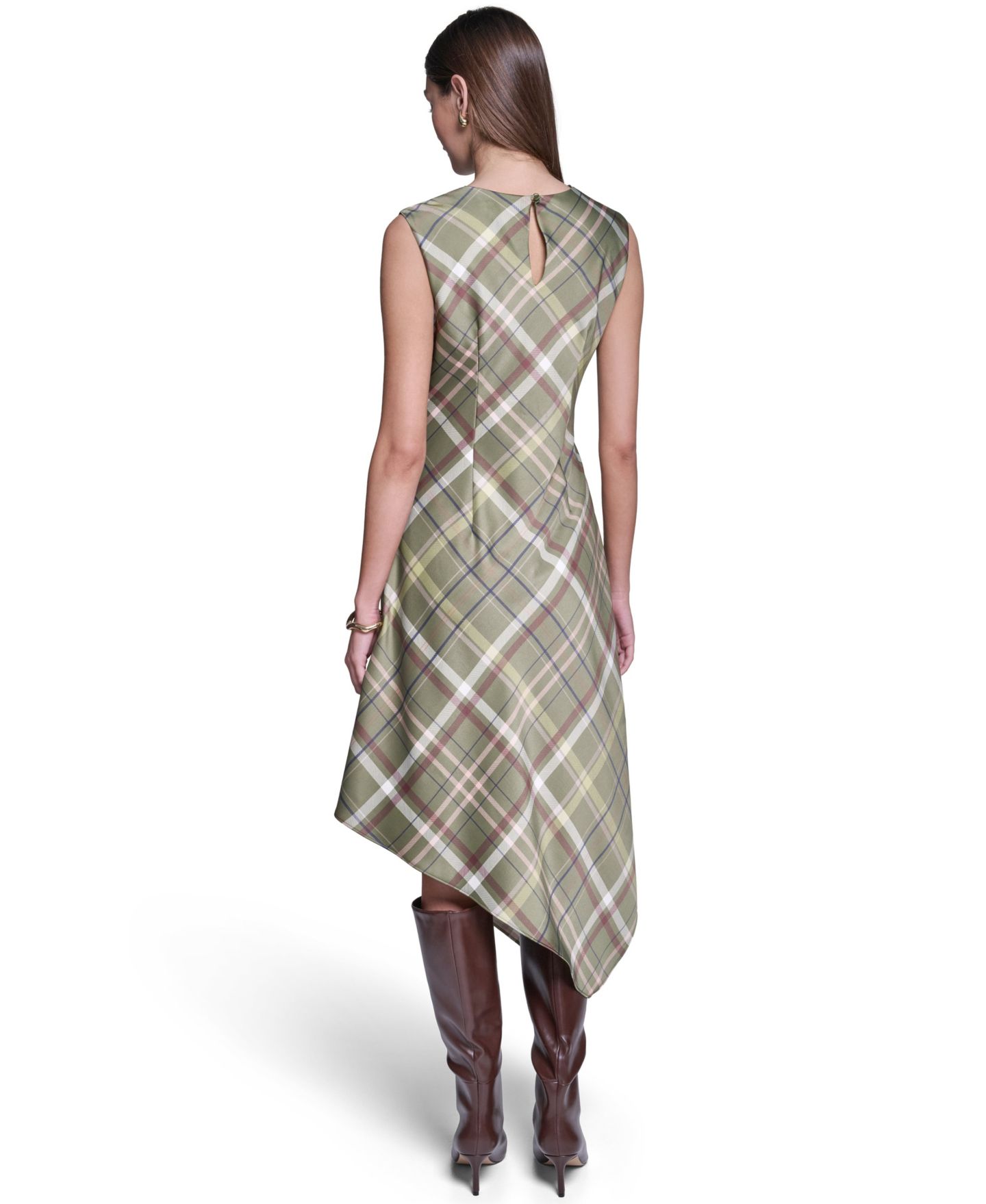 Женское платье Halston Cowl Neck Plaid Asymmetrical Midi, цвет: Pesto — фото 5