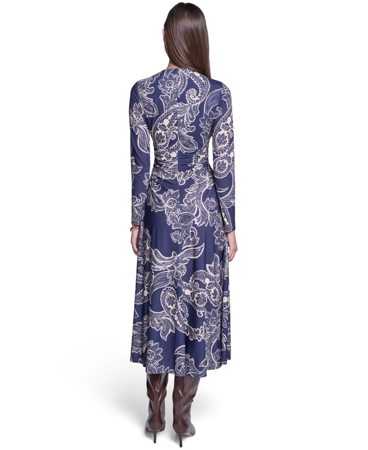 Halston Women's Long-Sleeve Paisley-Print A-Line Midi Dress