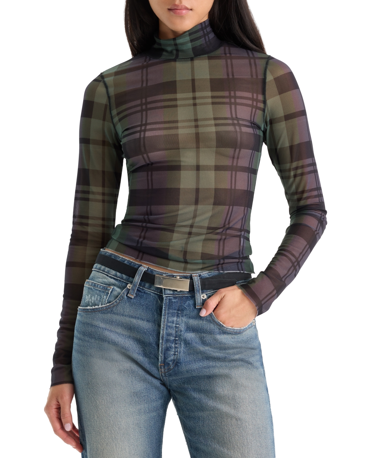 Good American Women's The Mesh Turtleneck Sheer Long-Sleeve Top