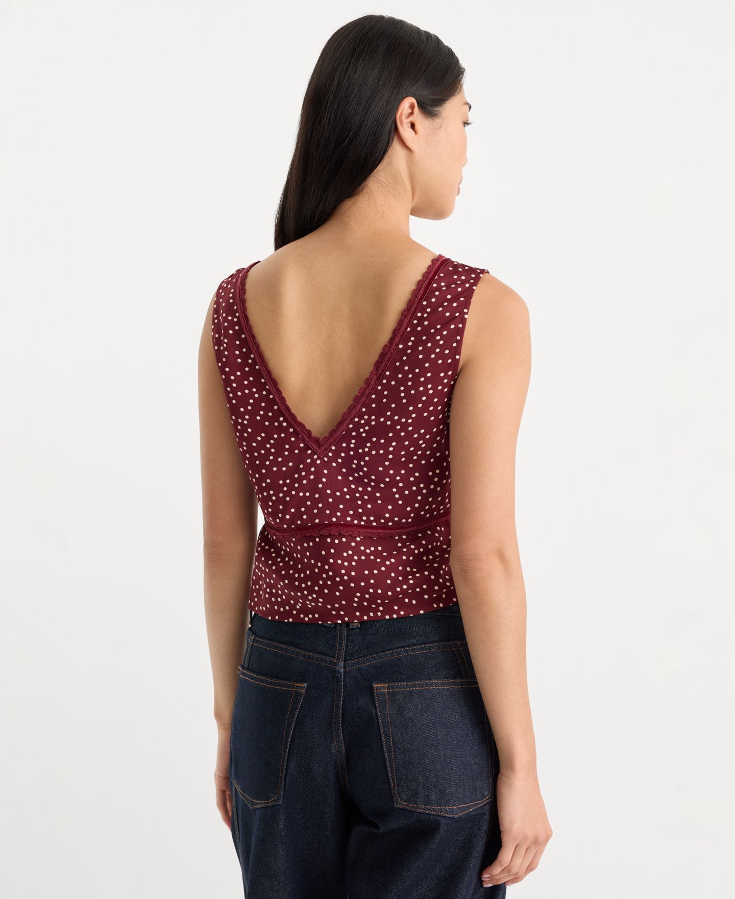Женский топ Good American Polka-Dot Lace-Trim Sleeveless, цвет: Ягодный чёрный с принтом — фото 5