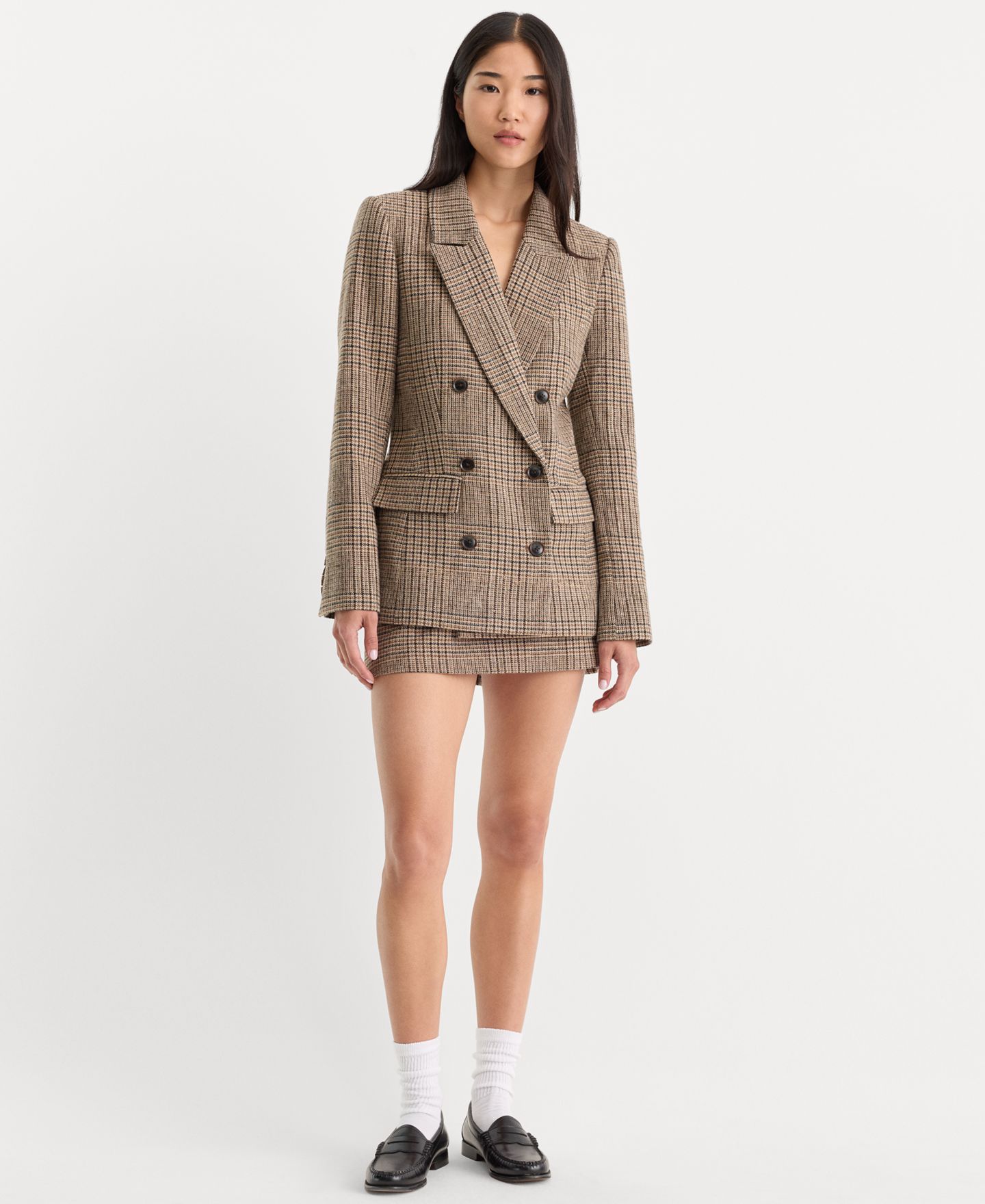 Женский пиджак Good American Plaid Double-Breasted Blazer, цвет: Коричневый клетчатый — фото 1