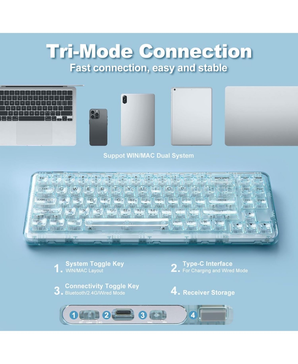 Ipason X71 Wireless Hot-Swappable Transparent Mechanical Keyboard, Compatible with Windows and Mac