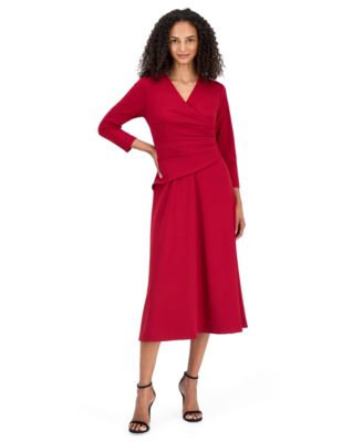Petite V-Neck 3/4-Sleeve A-Line Midi Dress