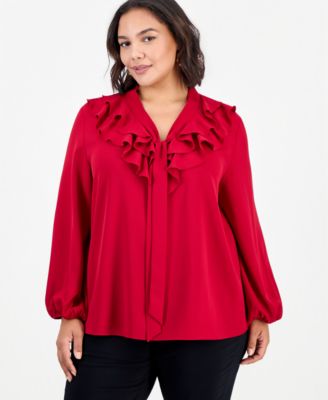 Plus Size Long-Sleeve Ruffle Front Blouse with Bow
