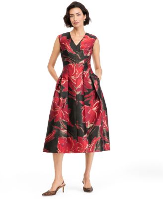 Women's V-Neck Fit & Flare Floral Wedding Guest Lurex Midi Dress