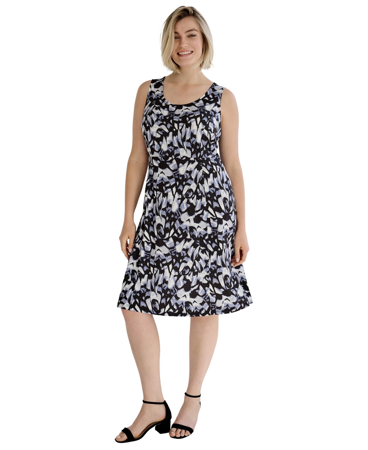 ellos Plus Size Sleeveless Scoop Neck Fit and Flare Dress - Black blue lake abstract
