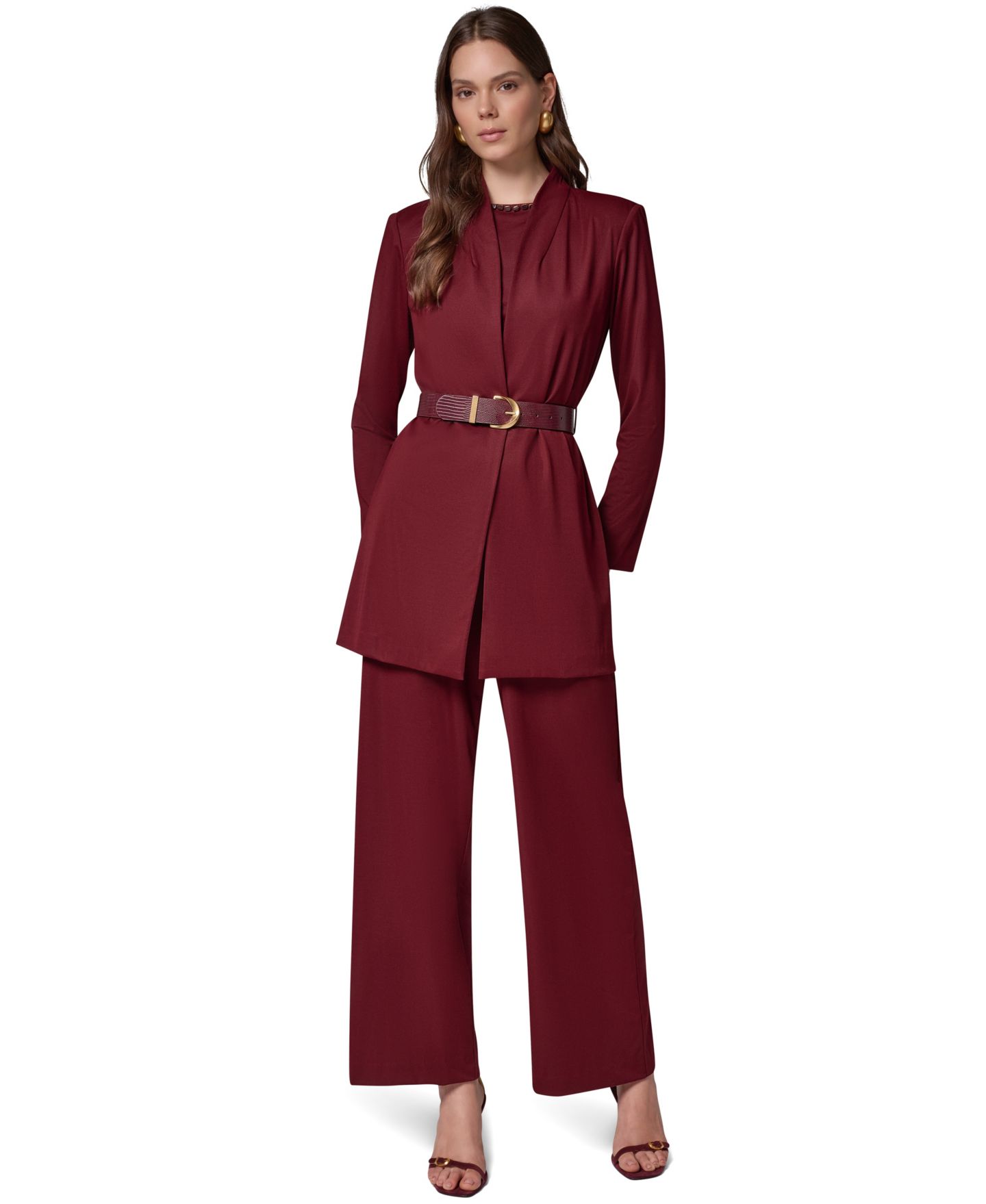 Женский пиджак Donna Karan New York Knit Belted Collarless Blazer, цвет: Чёрный вишнёвый — фото 7